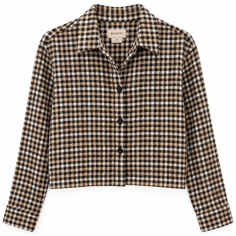 Brixton Beverly Shirt Cropped M Tan White Black Check Button Front Collar